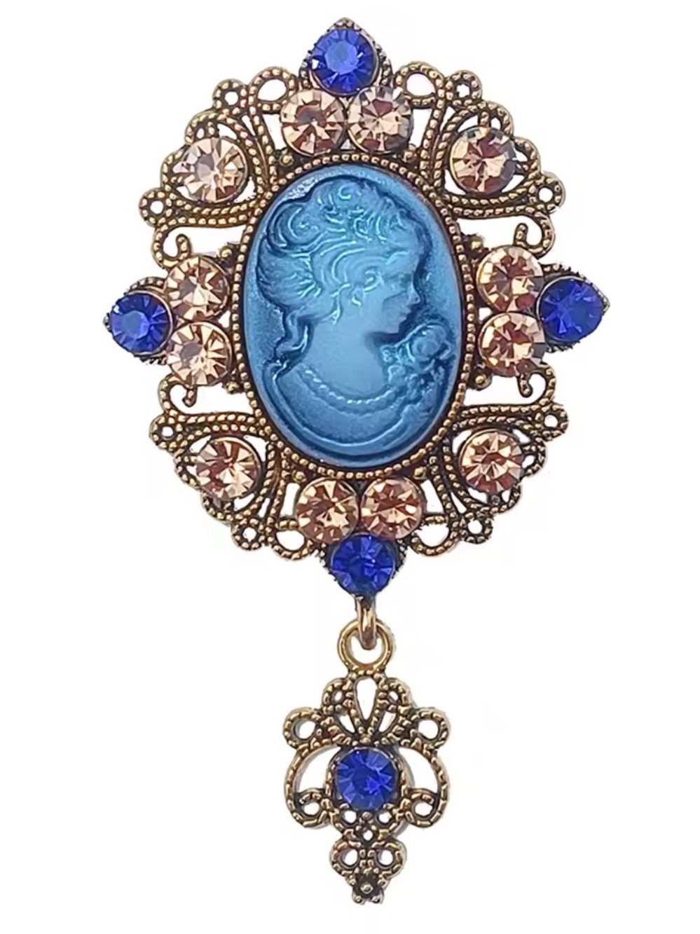 Accents Vintage Cameo Elegant Queen Head Portrait Gold tone with Sapphire Brooch - Picture 4 of 5